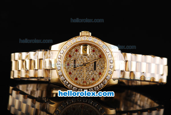 Rolex Datejust Automatic Movement Full Rose Gold with Diamonds Dial and Diamonds Bezel-Red Diamonds Hour Markers-Lady Size - Click Image to Close